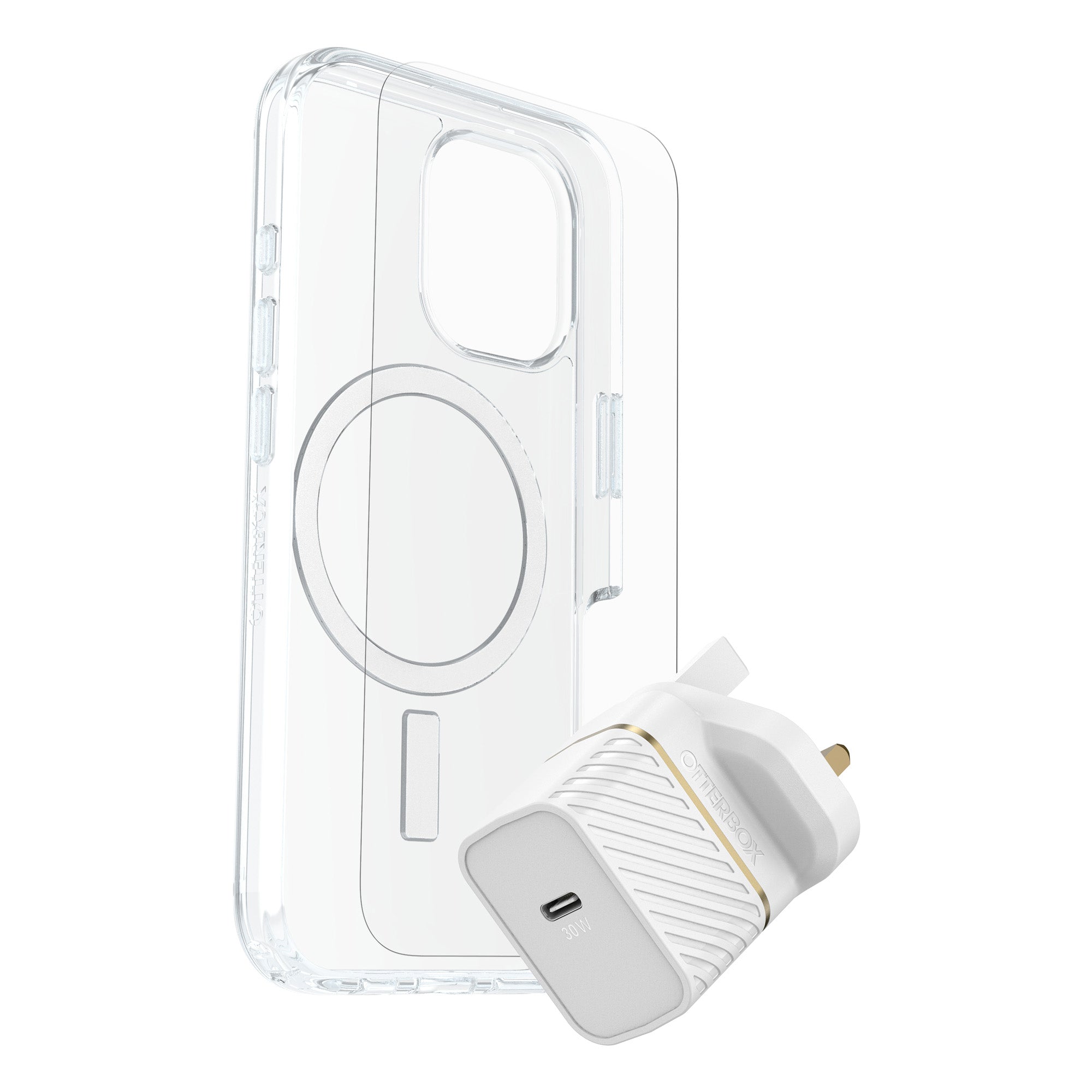 Clear OtterBox MagSafe case standing upright beside a white USB-C plug charger, front three-quarter view