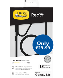 OtterBox React retail pack for Galaxy S26 showing a clear case, blue Only EUR29.99 promo badge