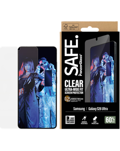 SAFE by PanzerGlass Clear Ultra-Wide Fit box for Galaxy S26 Ultra beside the phone and a glass sheet