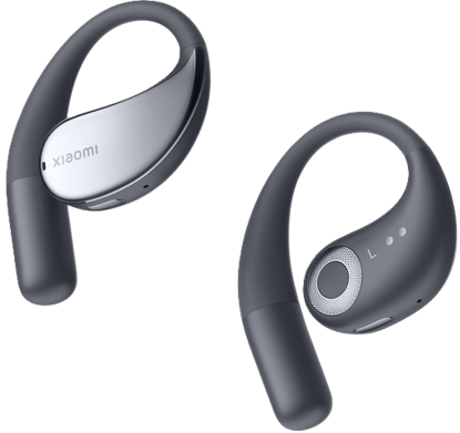 Pair of dark grey Xiaomi OpenWear Stereo open-ear hook earbuds, outer and inner faces shown