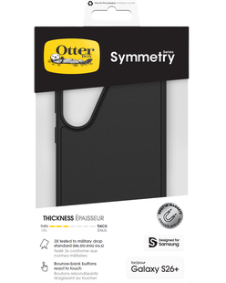 OtterBox Symmetry retail pack for Galaxy S26+ showing a black case, front of pack
