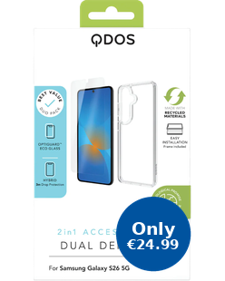 QDOS Dual Defence+ 2-in-1 kit retail box for Galaxy S26, packaging shot with Only EUR24.99 badge