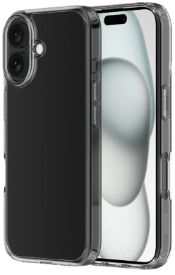 Smoke-tinted QDOS Hybrid case on an iPhone 16, rear camera view and front screen view