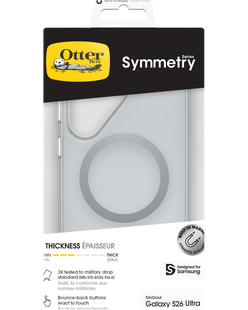 OtterBox Symmetry retail pack for Galaxy S26 Ultra showing a clear case with magnet ring