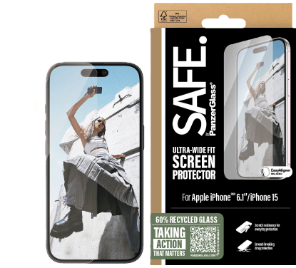 SAFE by PanzerGlass Ultra-Wide Fit retail box beside an iPhone with the protector fitted, packaging shot