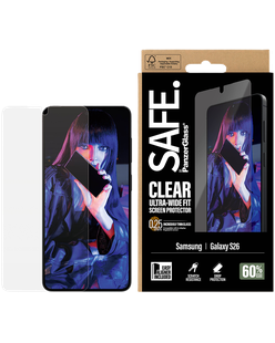 SAFE by PanzerGlass Clear Ultra-Wide Fit box for Galaxy S26 beside the phone and a glass sheet