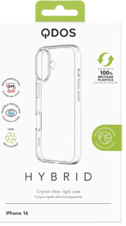 QDOS Hybrid crystal clear case retail packaging for iPhone 16, front of pack