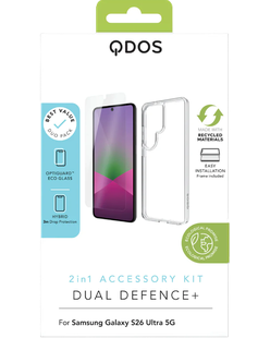 QDOS Dual Defence+ 2-in-1 kit retail box for Galaxy S26 Ultra, front of pack