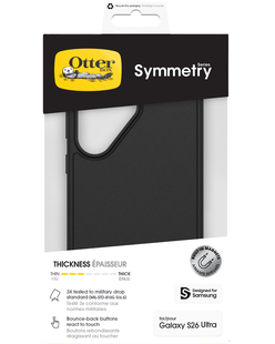 OtterBox Symmetry retail pack for Galaxy S26 Ultra showing a black case, front of pack