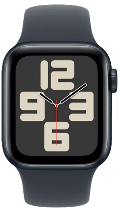 Apple Watch SE Midnight aluminium with sport band, straight-on view showing an analogue watch face