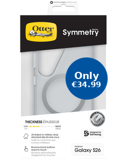 OtterBox Symmetry retail pack for Galaxy S26, clear case, blue Only EUR34.99 promo badge