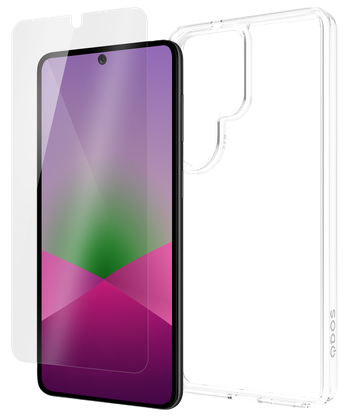 Clear QDOS case and glass screen protector for Galaxy S26 Ultra shown apart from the phone
