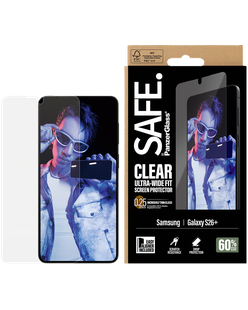 SAFE by PanzerGlass Clear Ultra-Wide Fit box for Galaxy S26+ beside the phone and a glass sheet