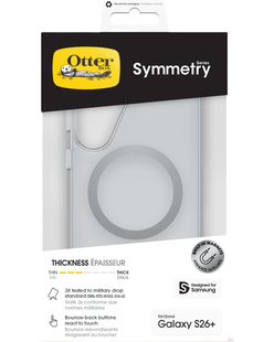 OtterBox Symmetry retail pack for Galaxy S26+ showing a clear case with magnet ring, front of pack
