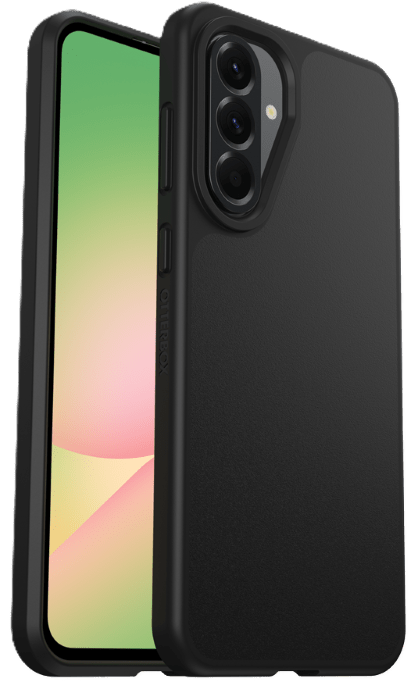 Black OtterBox React case on a Samsung Galaxy A56, front screen and rear camera views side by side