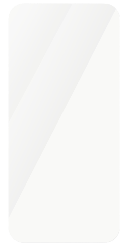 Single sheet of clear tempered glass screen protector on a plain background, detail crop