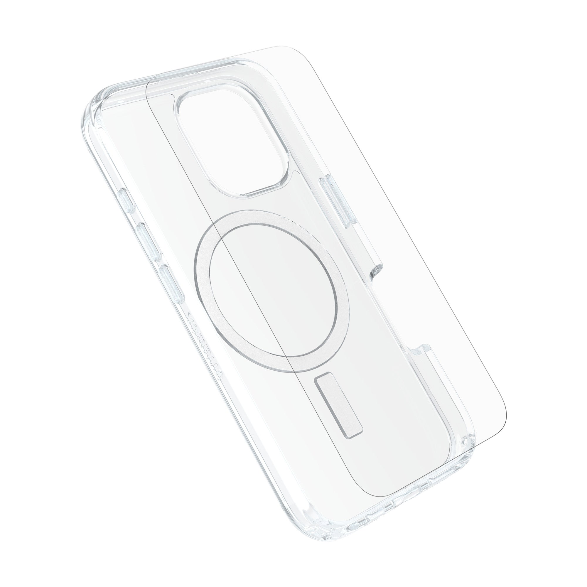 Clear OtterBox MagSafe case on its own, angled back view showing the MagSafe ring and side buttons