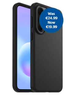 Black OtterBox React case on a Galaxy A57, front and back views, Was EUR24.99 Now EUR19.99 badge