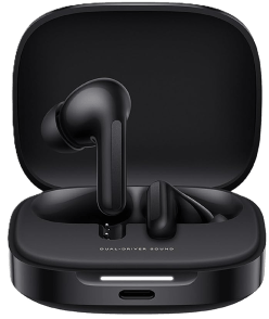 Black Xiaomi Redmi Buds 6 earbuds seated in an open black charging case, front view