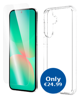 Clear QDOS case and glass screen protector for Galaxy A57 shown apart, Only EUR24.99 badge