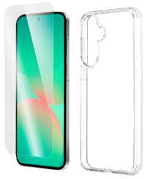 Clear QDOS case and glass screen protector for Galaxy A57 shown apart, Only EUR24.99 badge