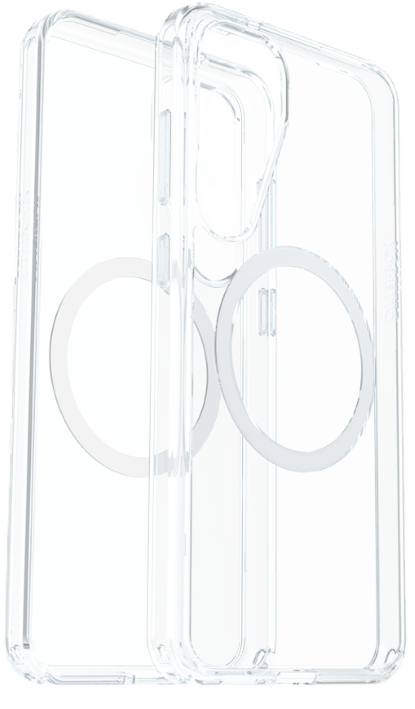 Clear OtterBox Symmetry case with visible MagSafe magnet ring, angled back view