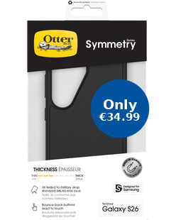 OtterBox Symmetry retail pack for Galaxy S26, black case, blue Only EUR34.99 promo badge