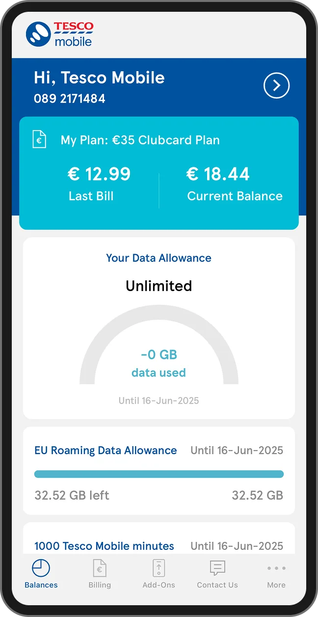 Screenshot of Tesco Mobile app homepage