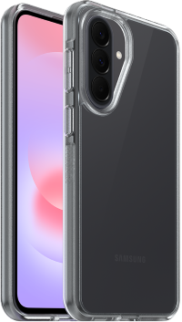 Clear OtterBox React case on a Samsung Galaxy A37, front screen and rear camera views side by side