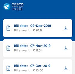 Image from the Tesco Mobile app visualising a Bill Pay customer’s homepage regarding account management