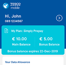 Image from the Tesco Mobile app visualising a Prepay customer’s homepage regarding account management