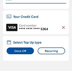 Image from app for recurring top-up showing credit detail how to select recurring over once off