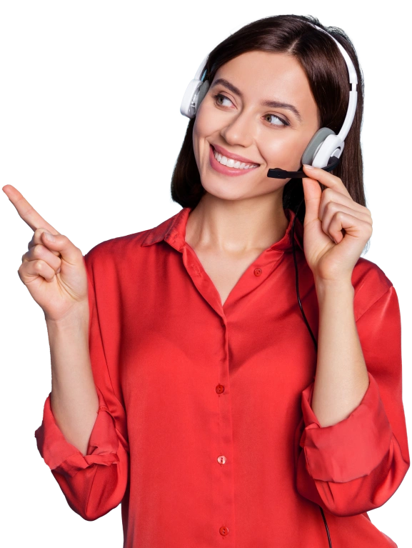 A young woman with headphones and a microphone, representing our readiness to assist you.