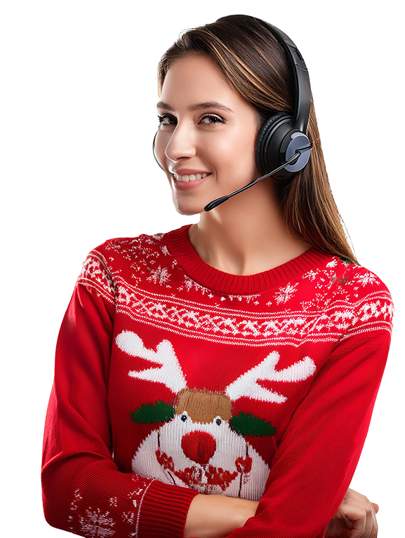 A young woman with headphones and a microphone, representing our readiness to assist you.