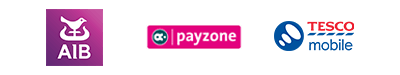 Image showing three logos for payment or service providers: Allied Irish Banks, Payzone, Tesco Mobile