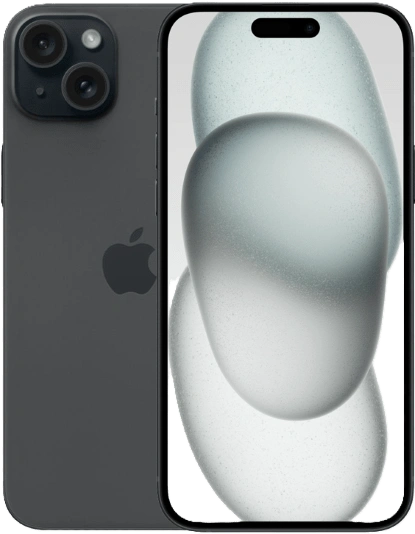 Apple iPhone 15 smartphone shown from front and back views