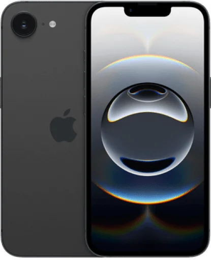 Apple iPhone 16e smartphone shown from front and back views