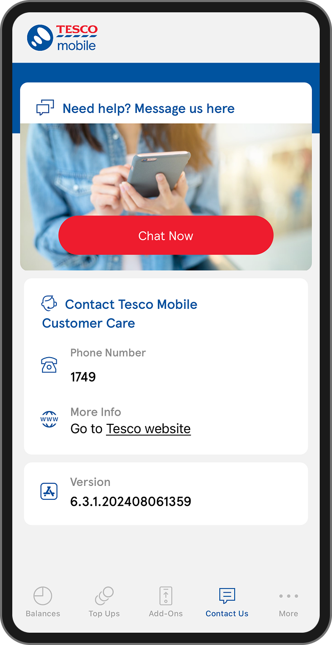 Image from the Tesco Mobile app of the Help Centre page contacting your to the Customer Care team