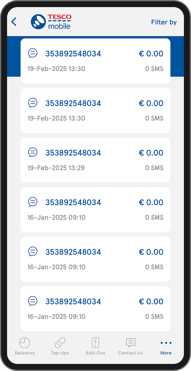 Image from the Tesco Mobile app visualising a Bill Pay customer’s homepage regarding account management